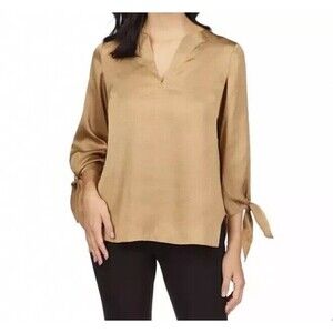MICHAEL Michael Kors Women's Top  Satin V-Neck Long Tie Sleeve Blouse Petite S